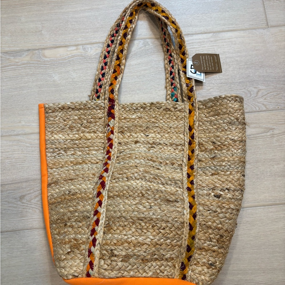 Stylish Tan and Orange Woven Tote Bag